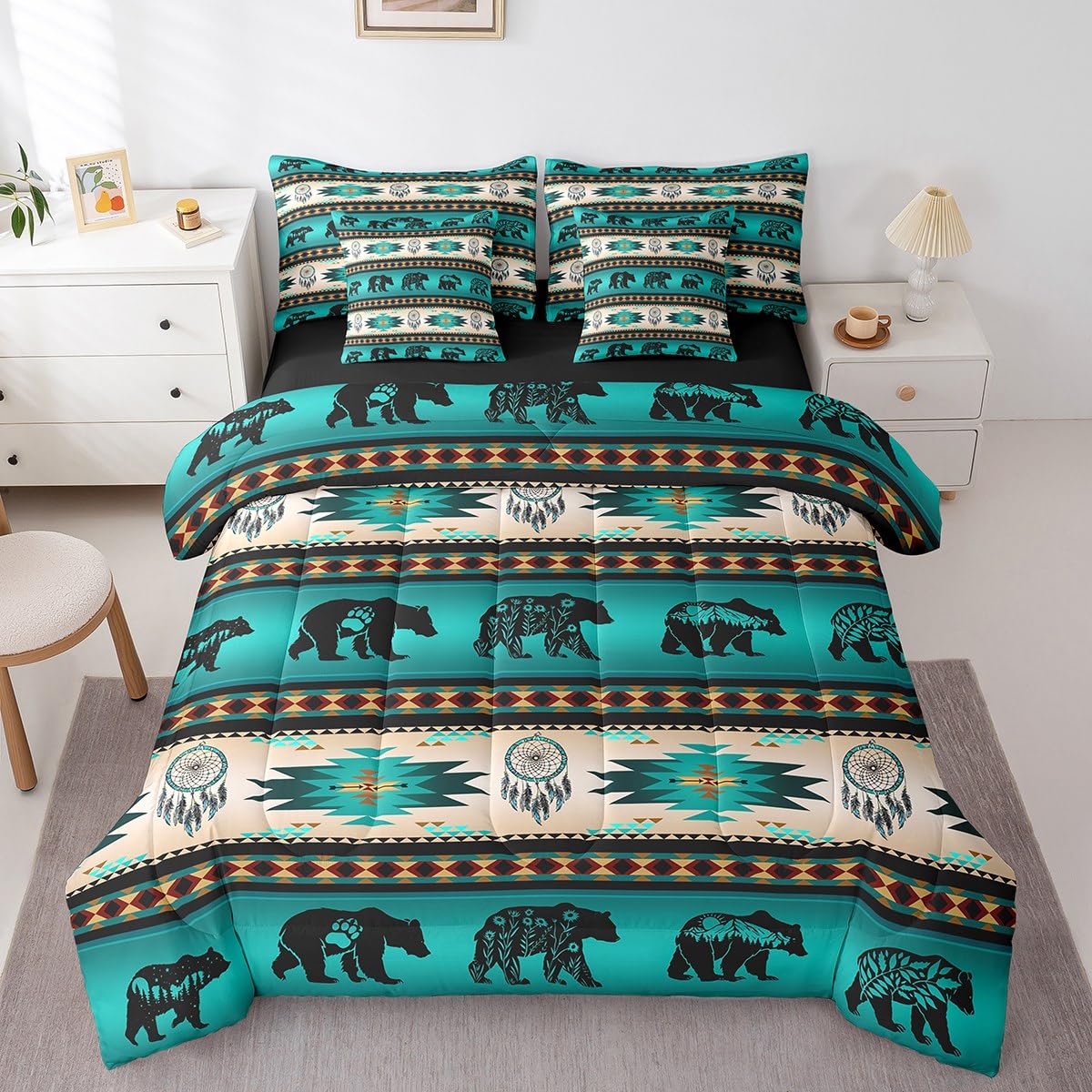 Abstract Bear Queen Comforter Set with Sheets, Western Aztec 7 Piece Bedding Set Southwestern Native Exotic Dream Catchers Bed in a Bag, Woodland Animals Ethnic Tribal Arrow Geometry Bed Sets