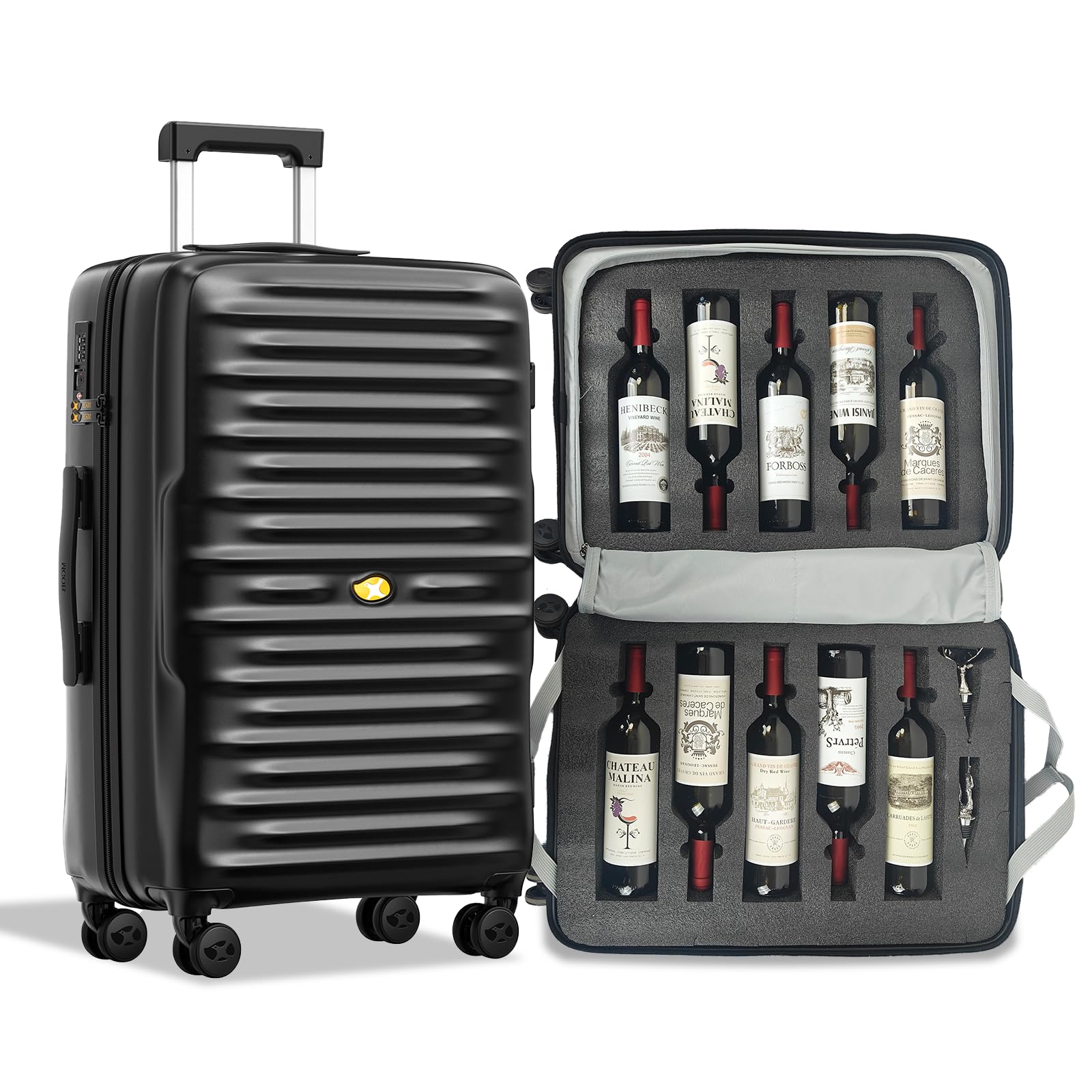 SERABETTO Wine Suitcase, 10 Bottle Luggage, Durable Travel Case with TSA Lock, Versatile Carrier with Removable Inserts and Silent Spinner Wheels (Black)