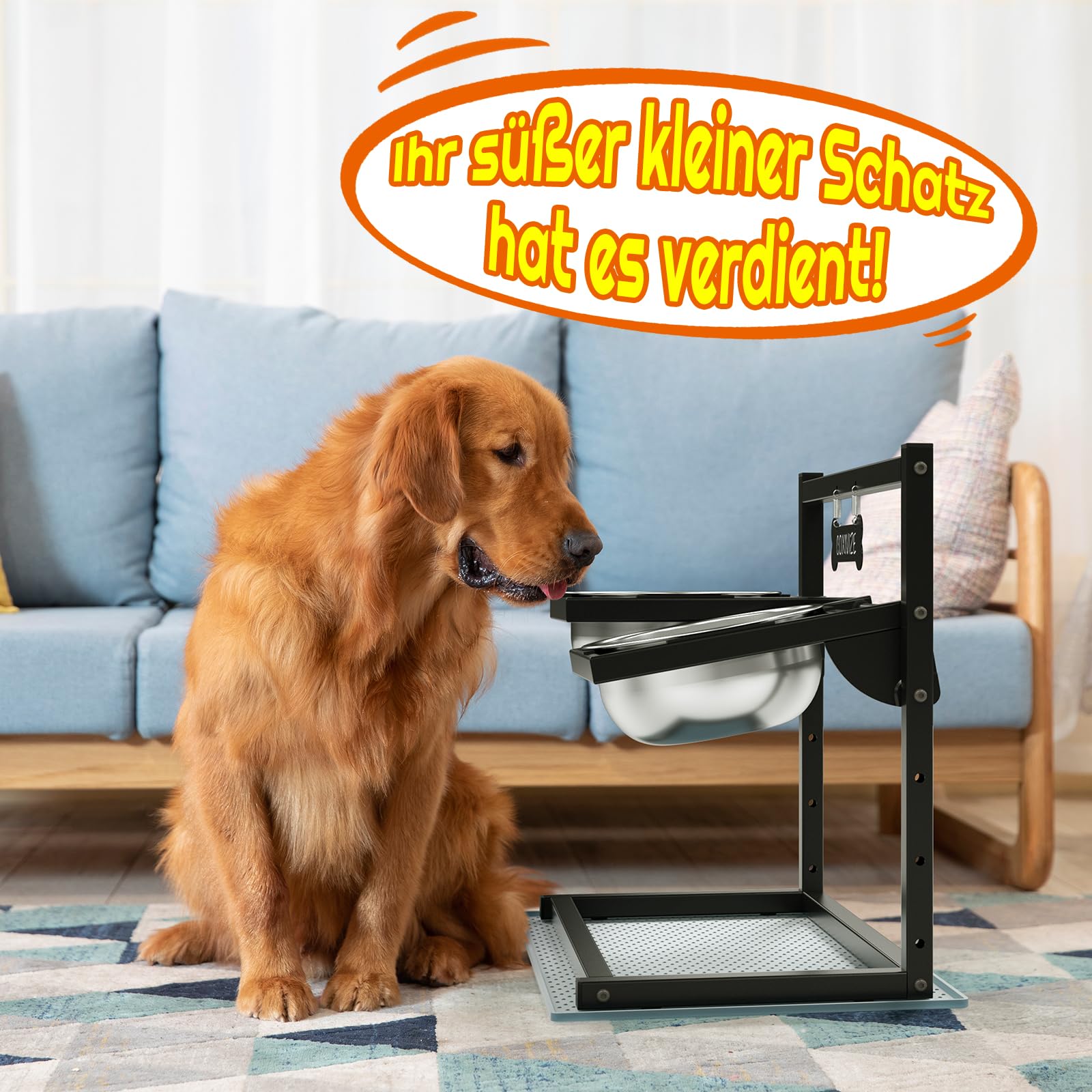 Erhöhte Hundenäpfe mit 4 Höhenverstellbaren und 10° Neigung, Erhöhter Hundenapfständer, Perfekte Stabile Ständer für Hundenapf, 2 Edelstahl-Hundefutternäpfen (1,5 L x 2) und Auslaufsicherer Matte