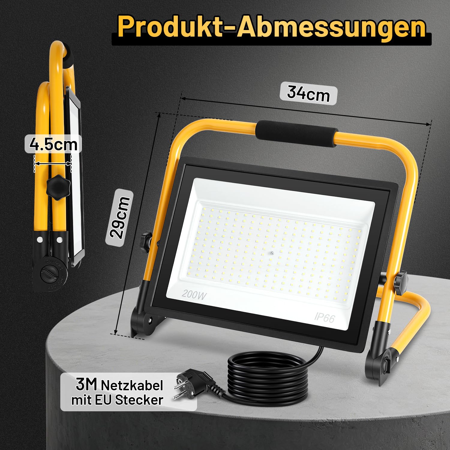 1 x reflektor budowlany LED, 200 W, 12000 lm, IP66, kabel 3 m