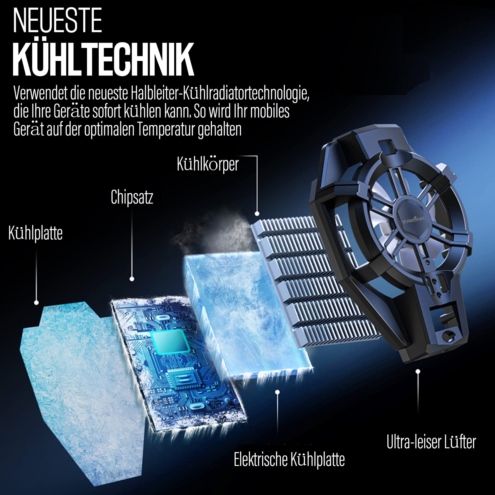 TRILINK Handy-Kühler mit wiederaufladbarem Akku, Handy-Kühlventilator für Spiele, für alle Arten von iPhone und Android Smartphones, Phone Cooler mit LED-Temperaturanzeige/Universalklemme/RGB-LEDs