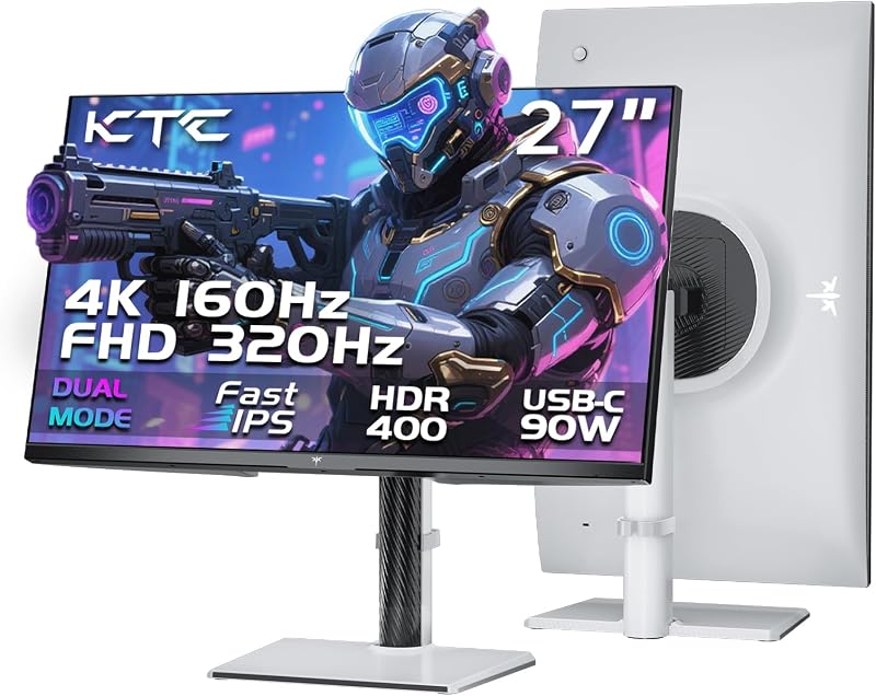 KTC 4K Gaming Monitor 27 Inch | Dual Mode 4K@160Hz / FHD@320Hz Seamless Switching | Fast IPS Panel | 1ms Response Time | HDR400 | Adaptive Sync | 125% sRGB, 97% DCI-P3, ΔE<2 | USB C 90W | KVM | White