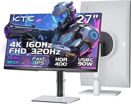 KTC 4K Gaming Monitor 27 Inch | Dual Mode 4K@160Hz / FHD@320Hz Naadloze Overgang | Snelle IPS Panel | 1ms Reactietijd | HDR400 | Adaptive Sync | 125% sRGB, 97% DCI-P3, ΔE<2 | USB C 90W | KVM | Wit