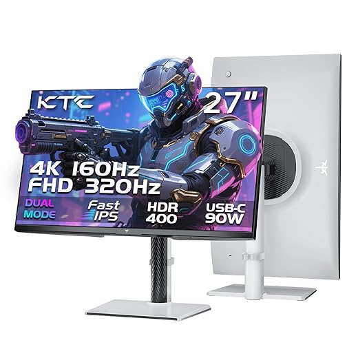 KTC 27 Inch 4K Gaming Monitor, Dual Mode UHD 160Hz & FHD 320Hz, Fast IPS, HDR400, Adaptive Sync, 90W Type-C, HDMI 2.1 & DP 1.4, Height Adjustment PC Monitor, VESA, KVM Support, H27P6