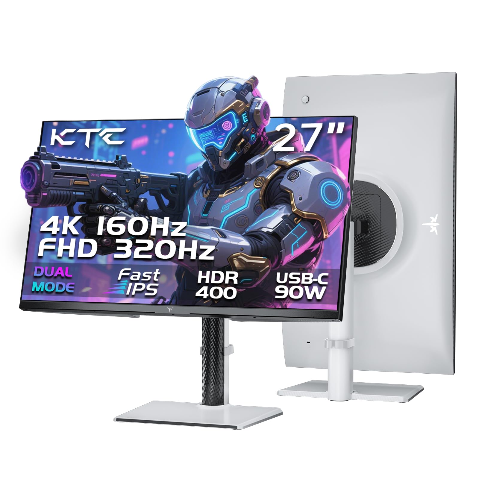 KTC 27 Inch 4K Gaming Monitor, Dual Mode UHD 160Hz & FHD 300Hz, Fast IPS, HDR 400, Adaptive Sync, HDMI 2.1 & DP 1.4, 90W Type-C, Height Vertical Adjustment PC Monitor, VESA, KVM Support, H27P6 27-Inch 4K Dual Mode
