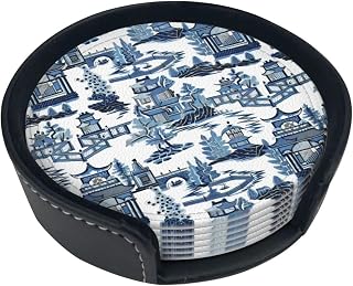 Blue Willow Ancient Ming China Chinoiserie Round PU Leather Coasters Set 6-Pack with Premium Storage Case