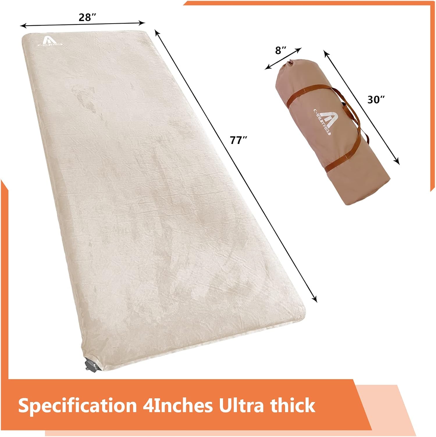 C·WILDYFIELD 4 INCH Thick Self Inflating Sleeping Pad with 9 R Value, Foam Camping Mattress, Ultra Thick Comfort Camping Mattress, Inflatable Foam Camping Pad, Portable Comfortable Sleeping Pad
