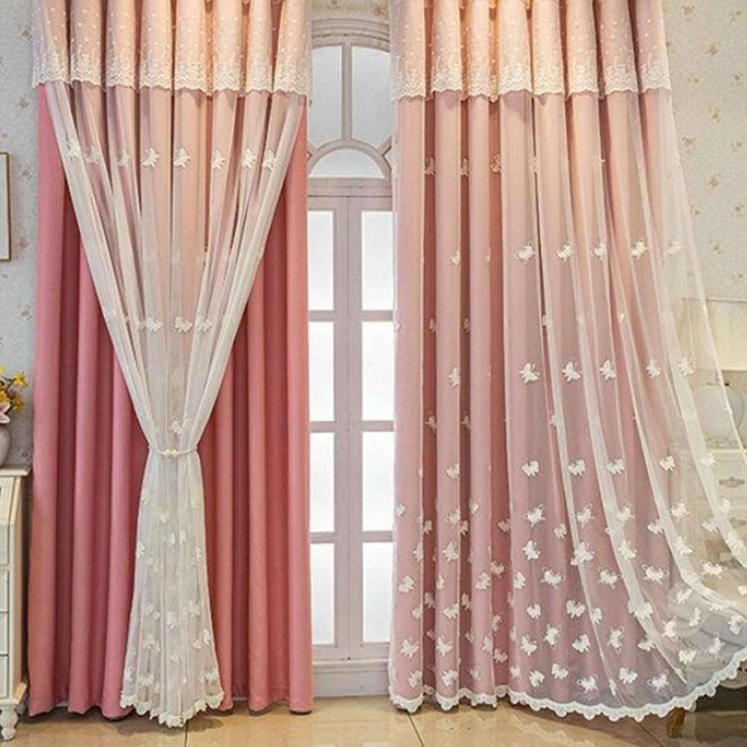 Bedroom Curtains 2 Panel Sets 45 inch Long, Window Treatments Blackout Curtains Hook Double Layer Embroidered Butterflies Drapes Darkening Curtain for Living Room Pink, 38 x 45 Inch