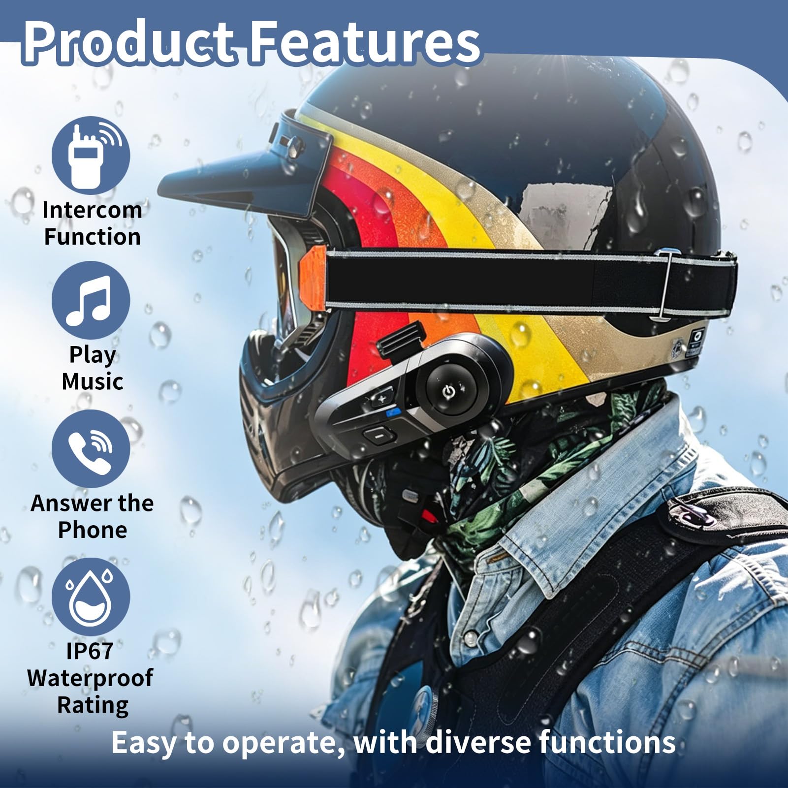 Auriculares Casco Moto Bluetooth 5.3 con Intercomunicador, Soporte para Asistente de Voz, Doble cancelación de Ruido, Impermeable IP67, Manos Libres Moto con Altavoces HiFi 40mm, para Música y GPS