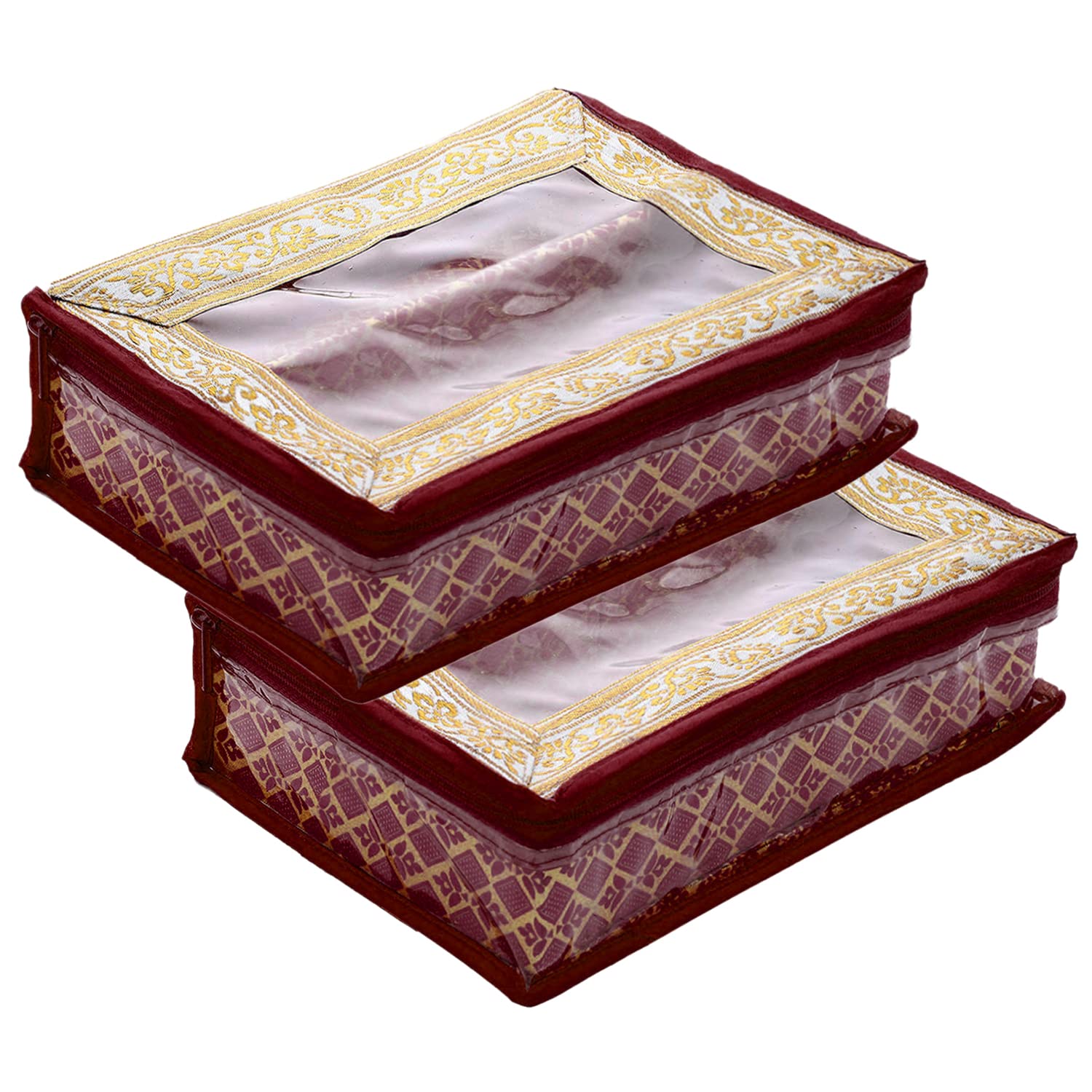 Kuber Industries Multipurpose Tribal Design Laminated 2 Rod Bangle Box/Organizer/Case With Tranasparent Top - Pack of 2 (Maroon)-47KM0511