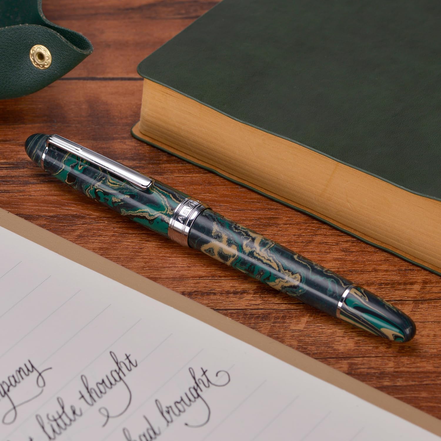 Asvine J16 Ebonite Fountain Pen Green, Jowo Medium Nib Piston Filling, Ink Window Design with Wrench and Pen Box