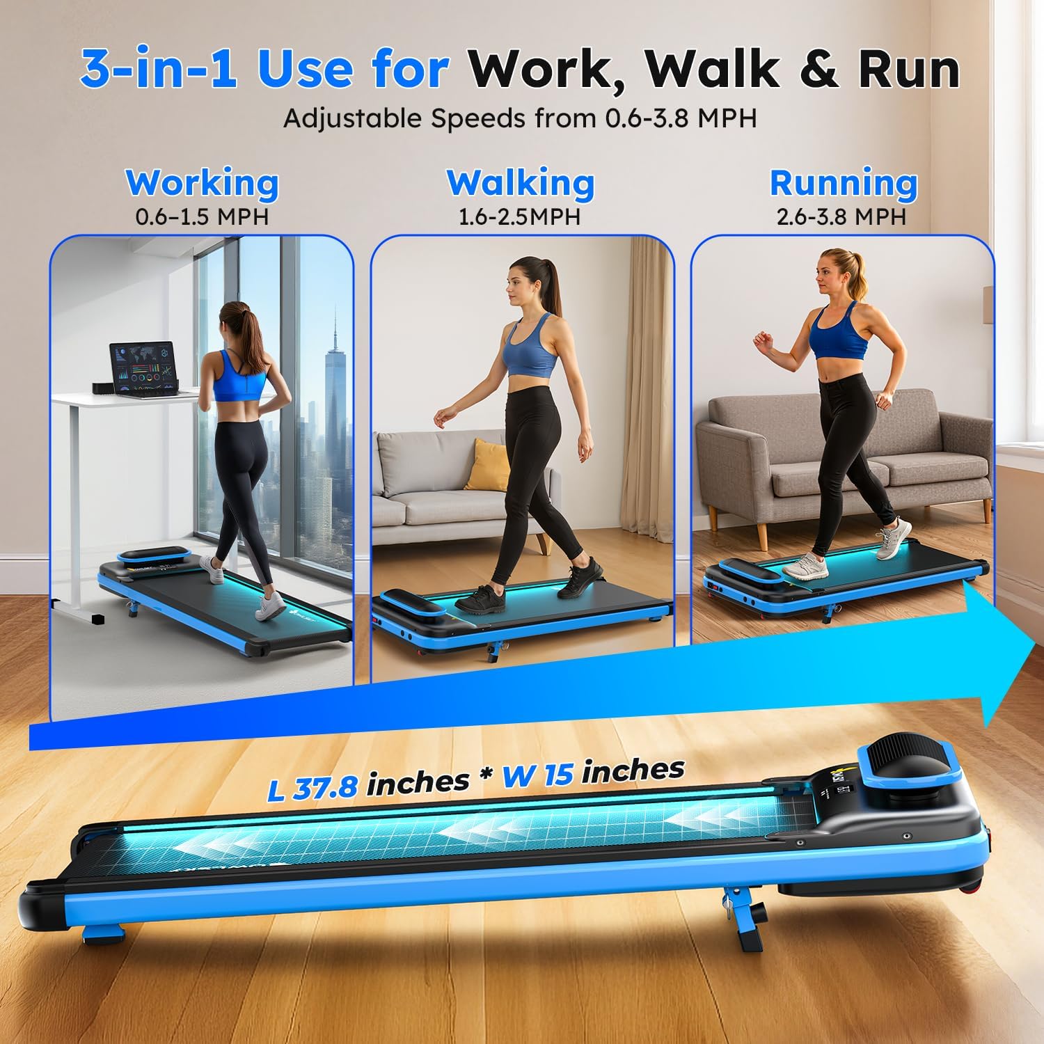 OWLSKY Walking Pad & App, 2 in 1 Under Desk Treadmill for Home & Office, 2.5 HP Quiet Mini Treadmill Max 250 lbs with Remote Control & LED Display, Compact Tapis Roulant (Blue)