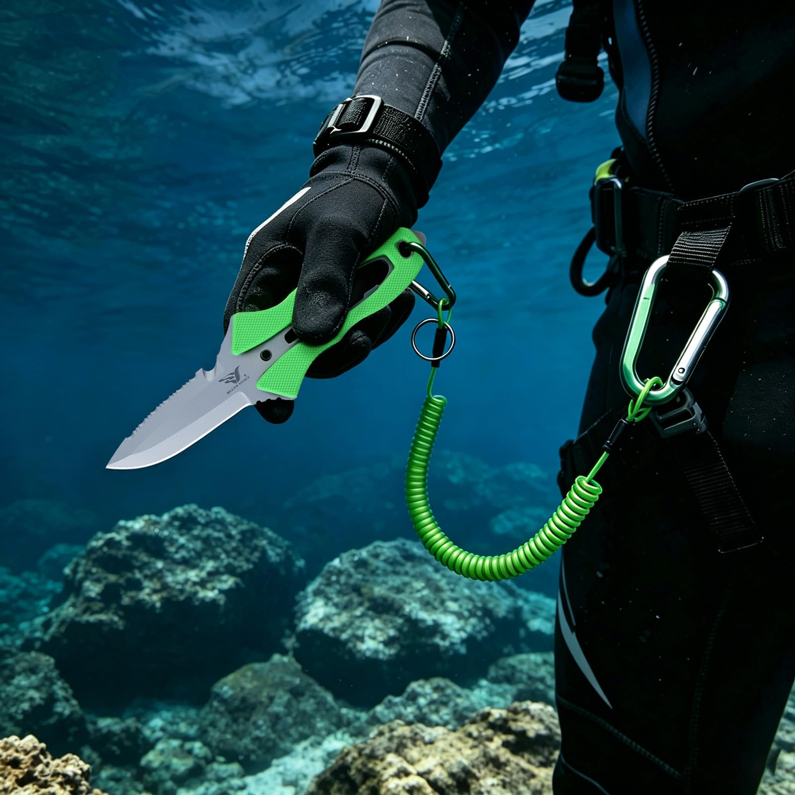 Tauchmesser Outdoor Rettungsmesser - 19 cm - Mit Sägezacken, Leuchtgriff& mehr - Ideal für Tauchen, Überleben & Notfälle