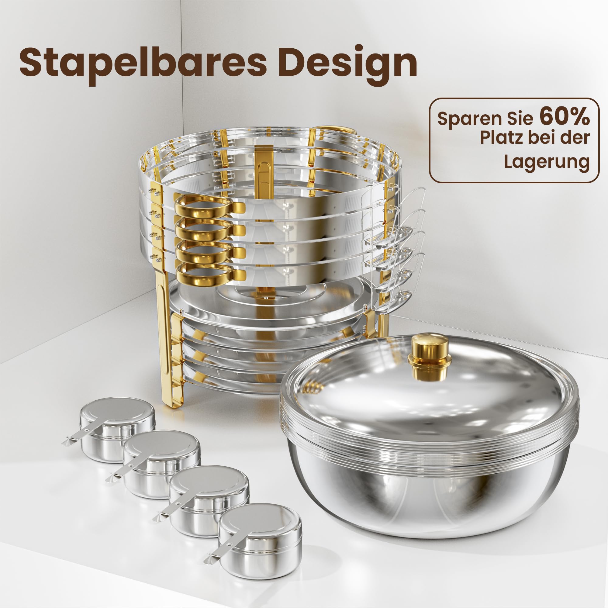 WARMOUNTS Chafing Dish 2er Set 8,5L Silber & Gold, Speisenwärmer Buffet Rund Edelstahl mit Gold-Akzenten & Deckelhalter, Warmhaltebehälter Stapelbar Catering Rechaud für Partys, Hochzeiten & Events