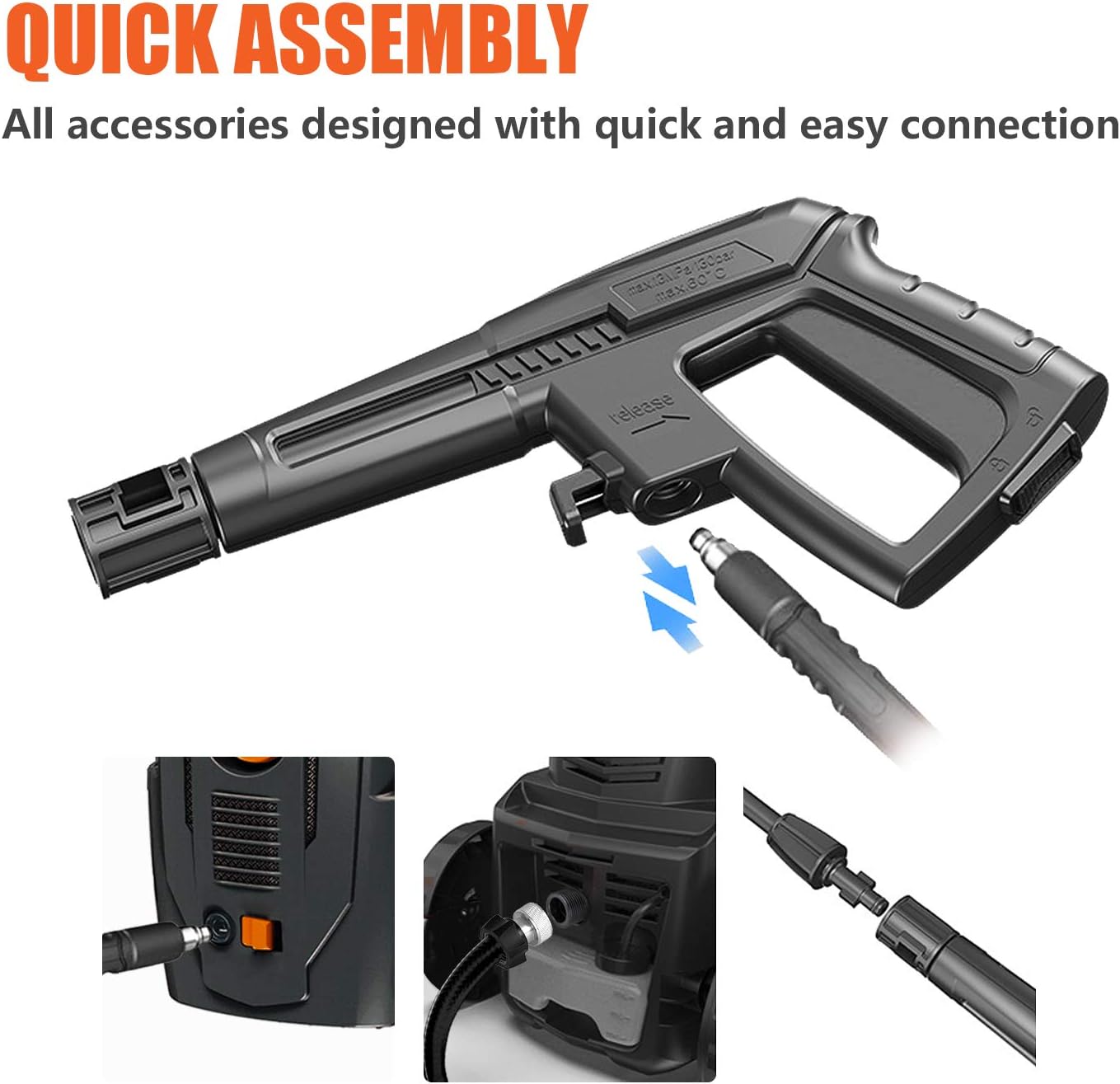 Diagram showing quick assembly steps for the pressure washer