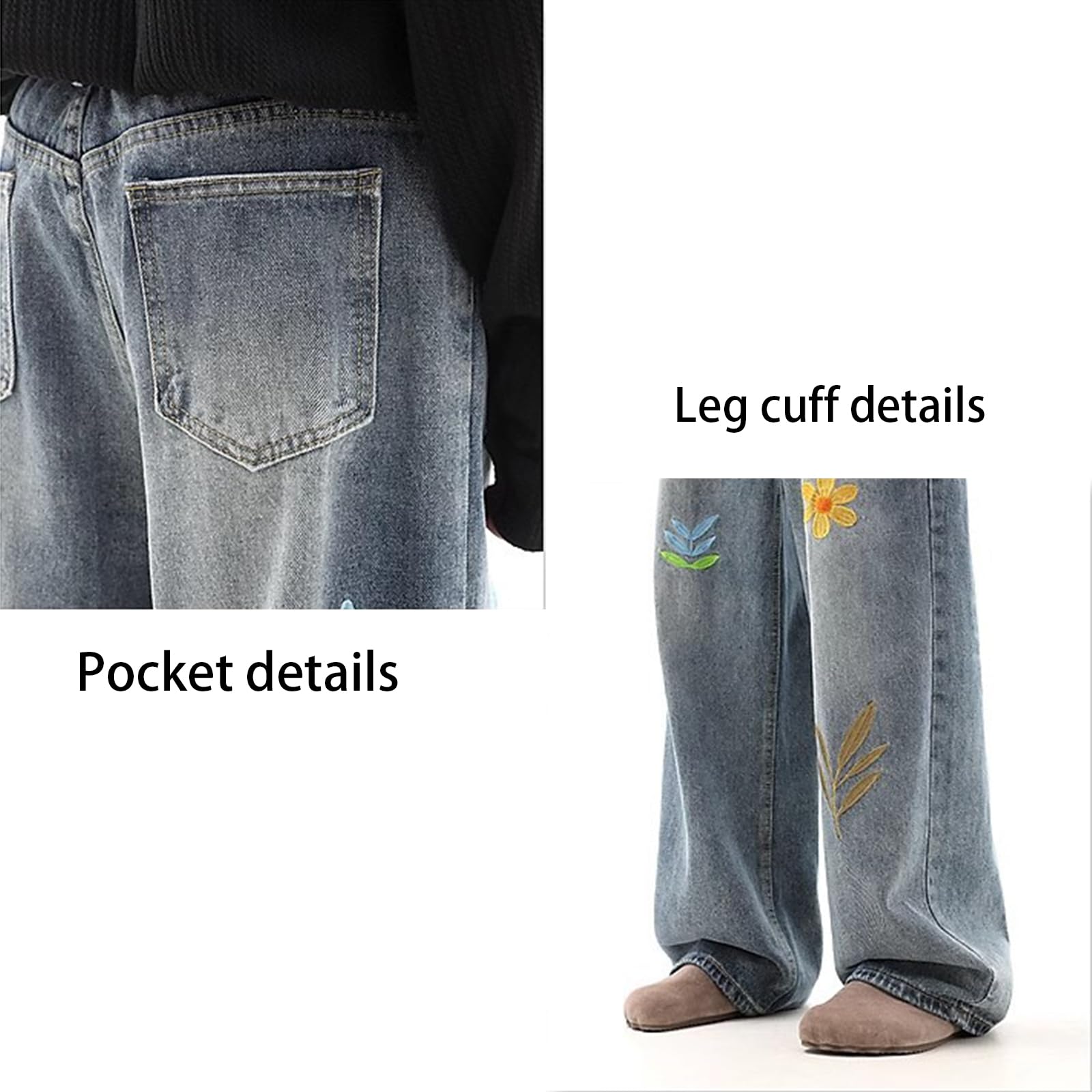Herren Floral Stickerei Mid Rise Gerade Jeans Hip Hop Streetwear Lose Lässige Breite Bein Hosen