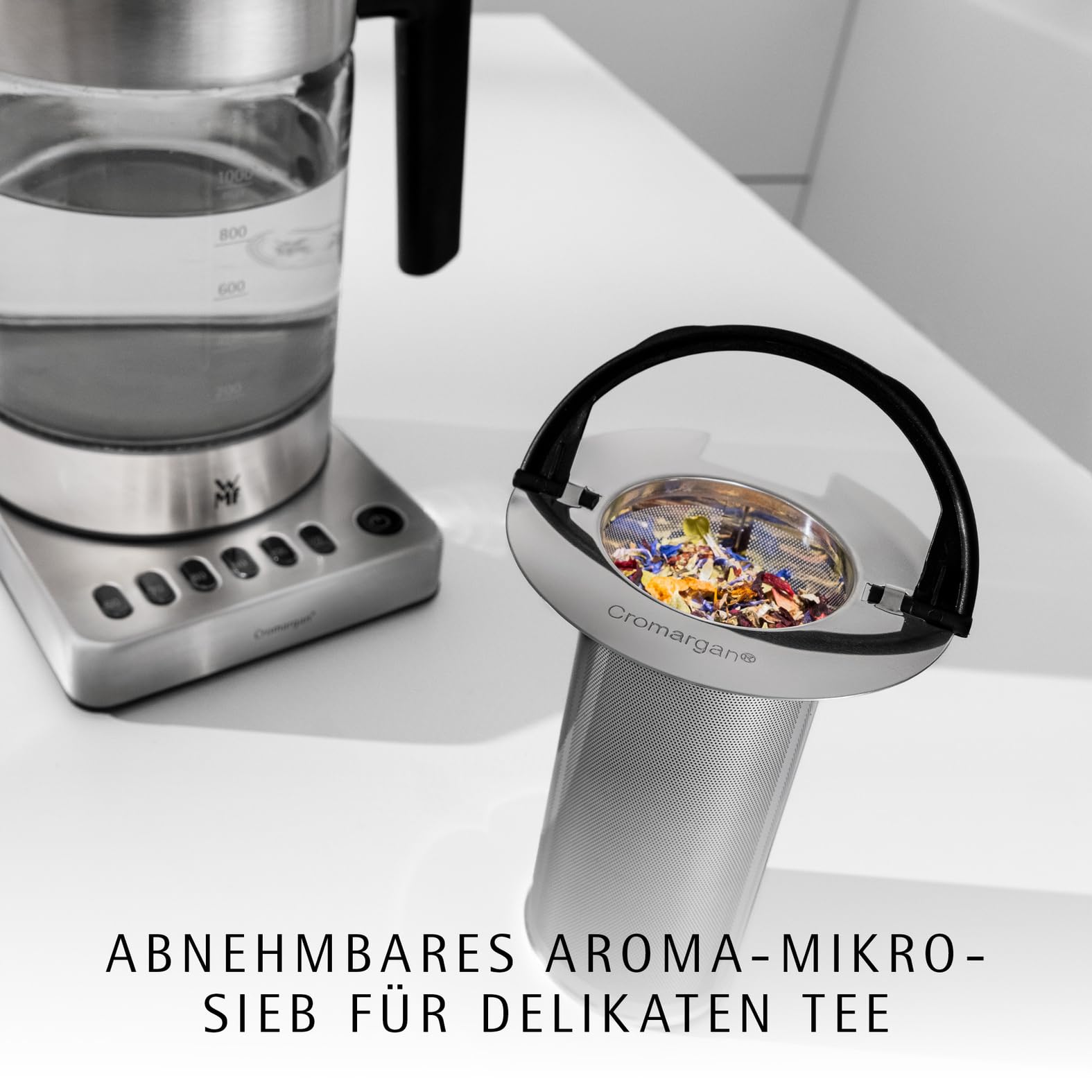 WMF Küchenminis 2 in 1 Vario Wasserkocher mit Temperatureinstellung, 1,0l, 1900 W, Teekocher Glas mit Teebeutelhalter und Sieb