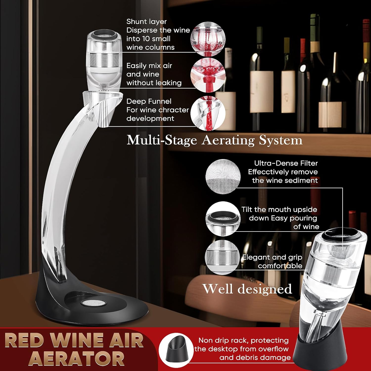 D&Slifei Deluxe Wine Aerator Pourer and Decanter with Tower Stand,Unique Aeration Device Quickly Enhances Wine Flavour with Smoother Finish,Best Gifts for Wine Lovers and Sommeliers.(with Stand) - Image 3