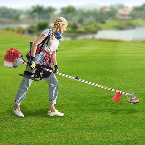 Miniatura 3 de Desbrozadora de malezas a gas de 43 cc, recortadora de cuerda de gas con 2 cabezales de cuchilla y motor refrigerado por aire, herramientas de