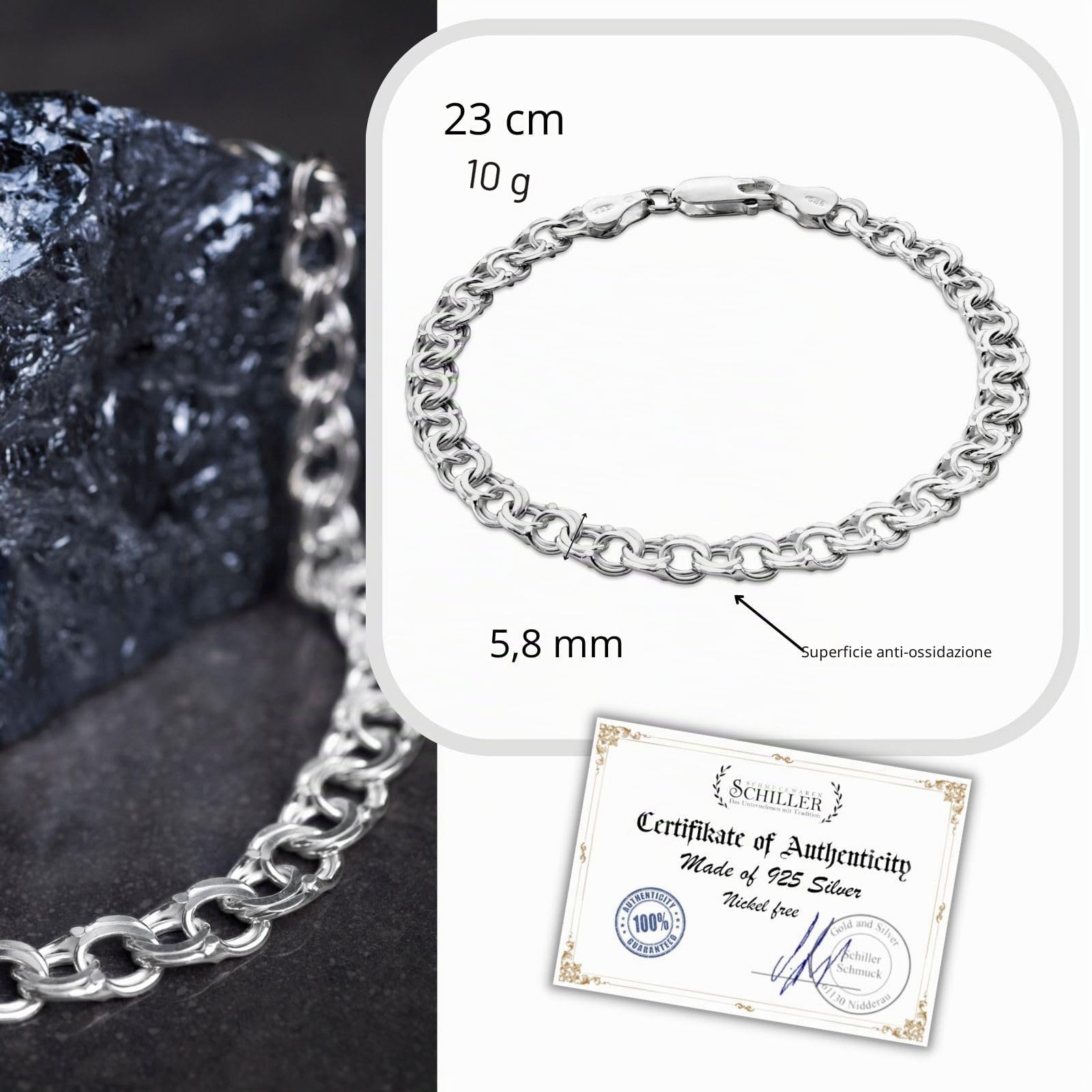 Braccialetto da uomo in argento, con custodia per gioielli, ideale come regalo per uomo