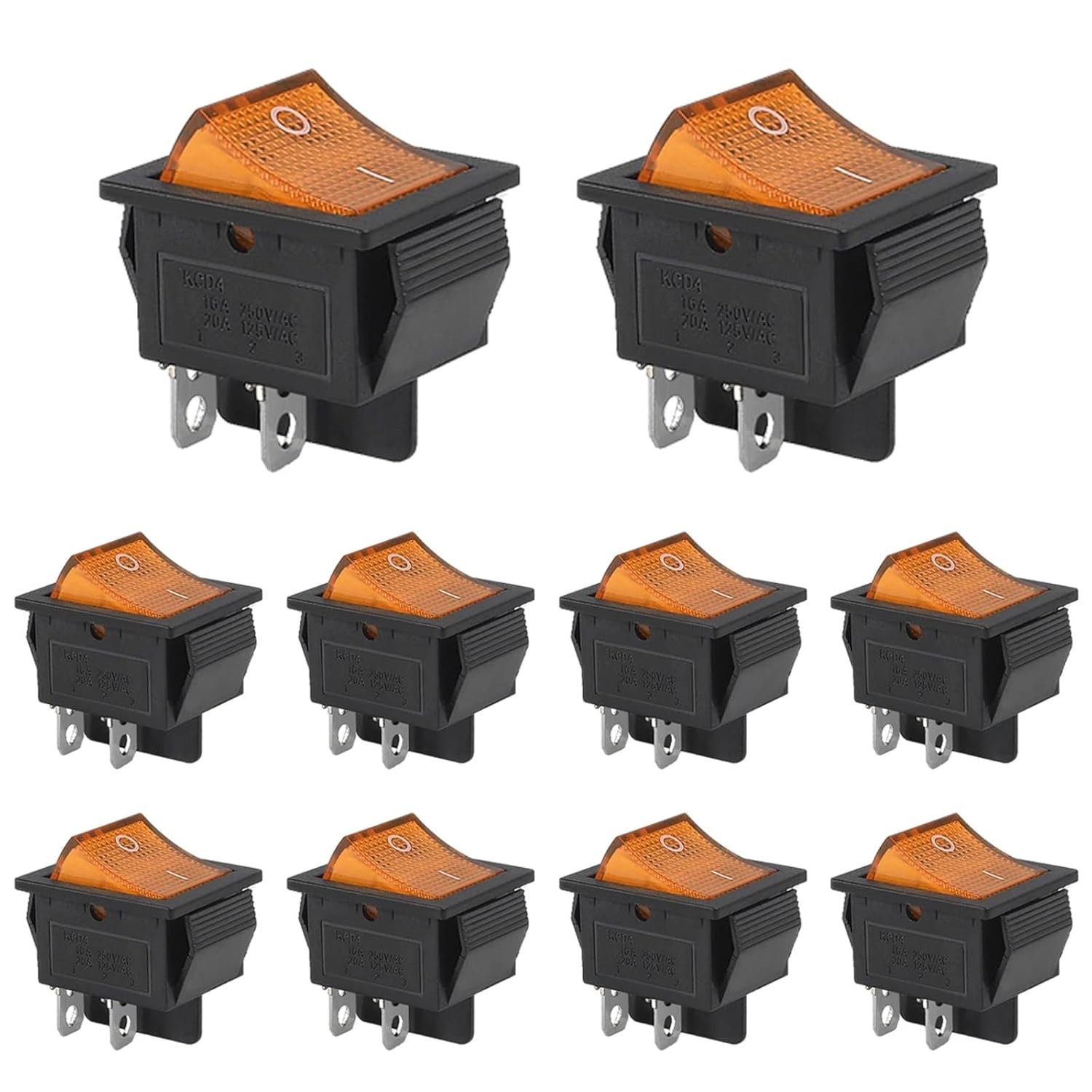 10Pcs Square Rocker Toggle Switch ON/0FF 2Position 4Pin for Auto Boat AC 250V/16A AC 125/20A with LED Light DPST KCD2-201(10pcs Yellow)