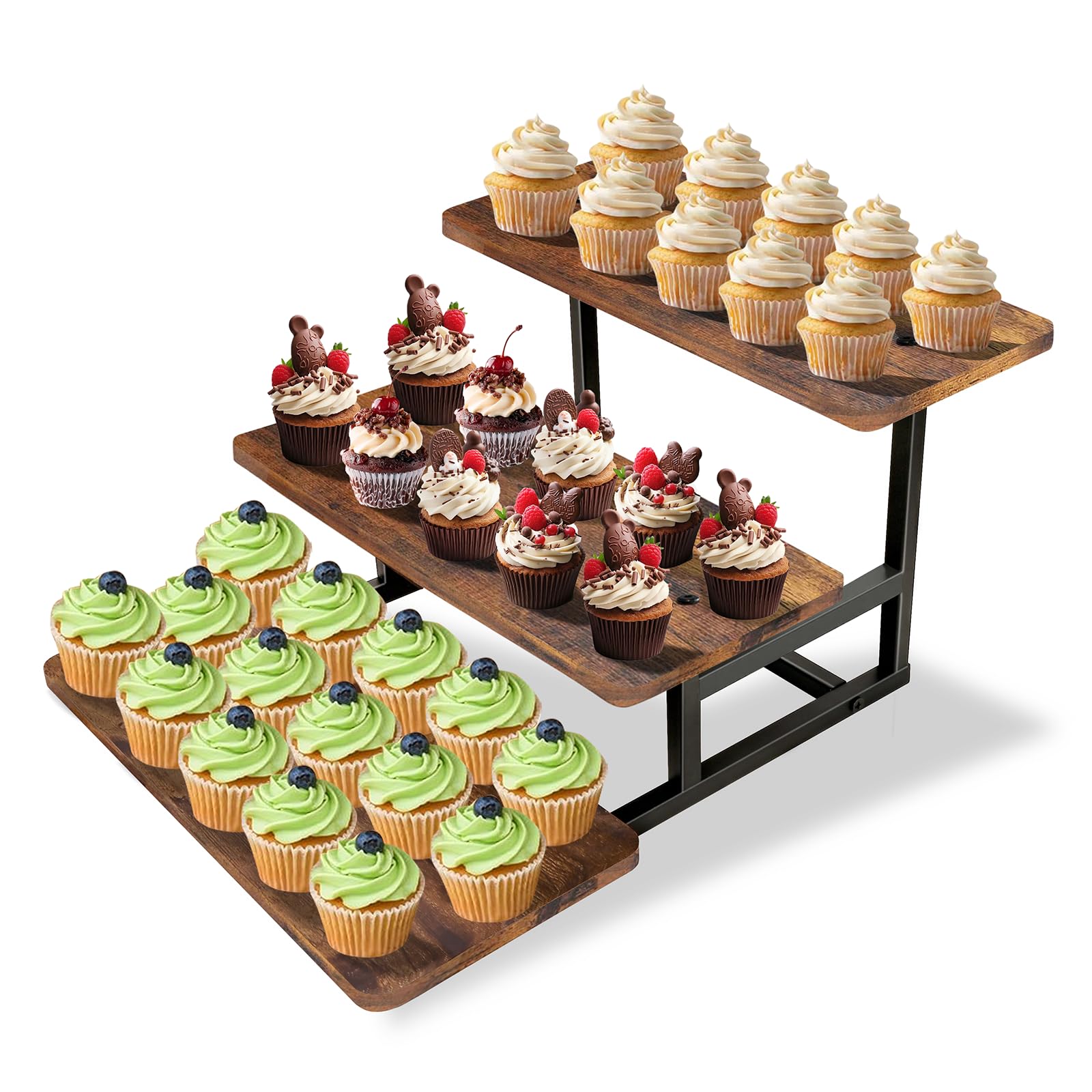 NANXITU 3-Tier Wood Metal Cupcake Stand for 50 Cupcakes