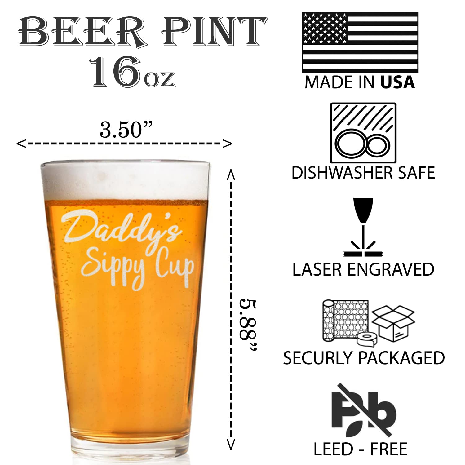 CARVELITA Daddy's Sippy Cup Beer Glass - First Time Dad Gifts - 16oz Engraved Beer Pint - Gifts For New Dad - Dad To Be Gifts - Happy Birthday Daddy - New Dad Gifts For Men - Fathers Day Gift For Dad