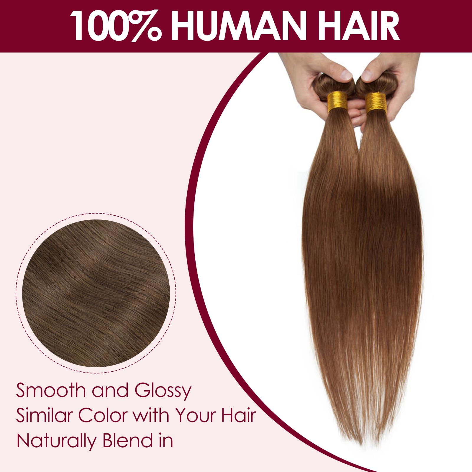 Benehair Weft Hair Extensions Real Human Hair 100g Full Head Invisible Straight Double Weft Weave Extensions for Women Silky #6 Light Brown 16 Inch - Image 4