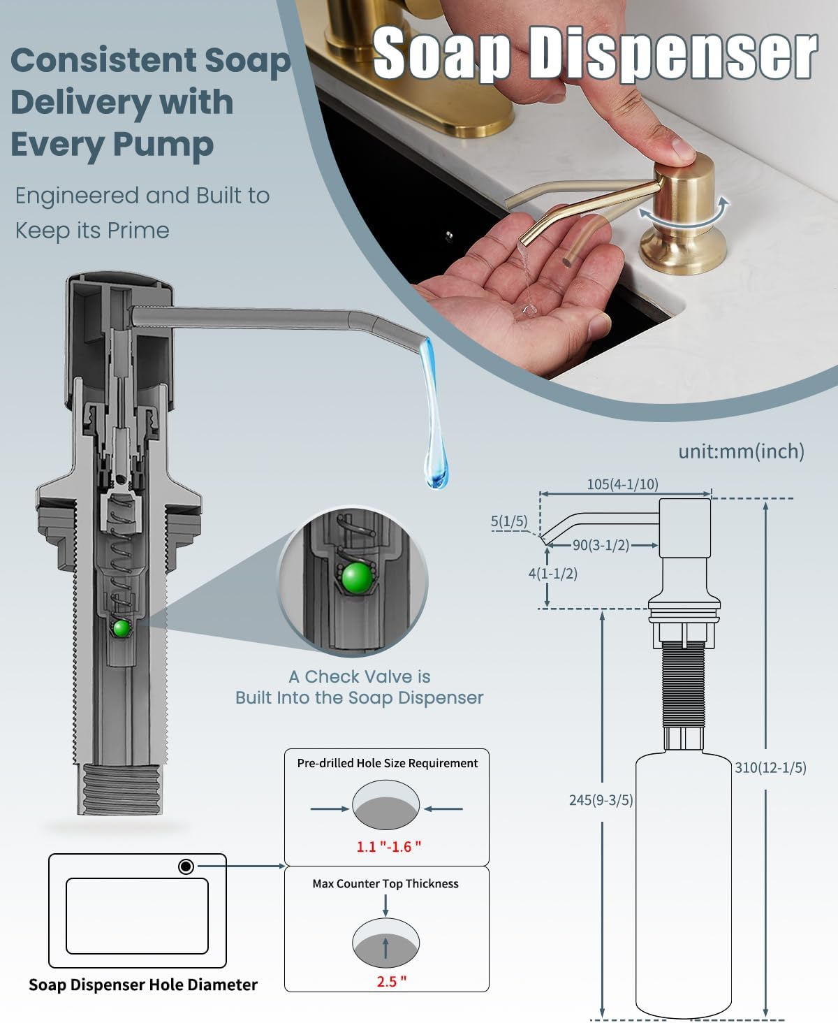 Gold Kitchen Faucet, Kitchen Faucet with Soap Dispenser, Kitchen Sink Faucet with Dual Function Spray Head and Deck Plate, 4 Hole Camper Farmhouse RV Sink Faucet with Sprayer