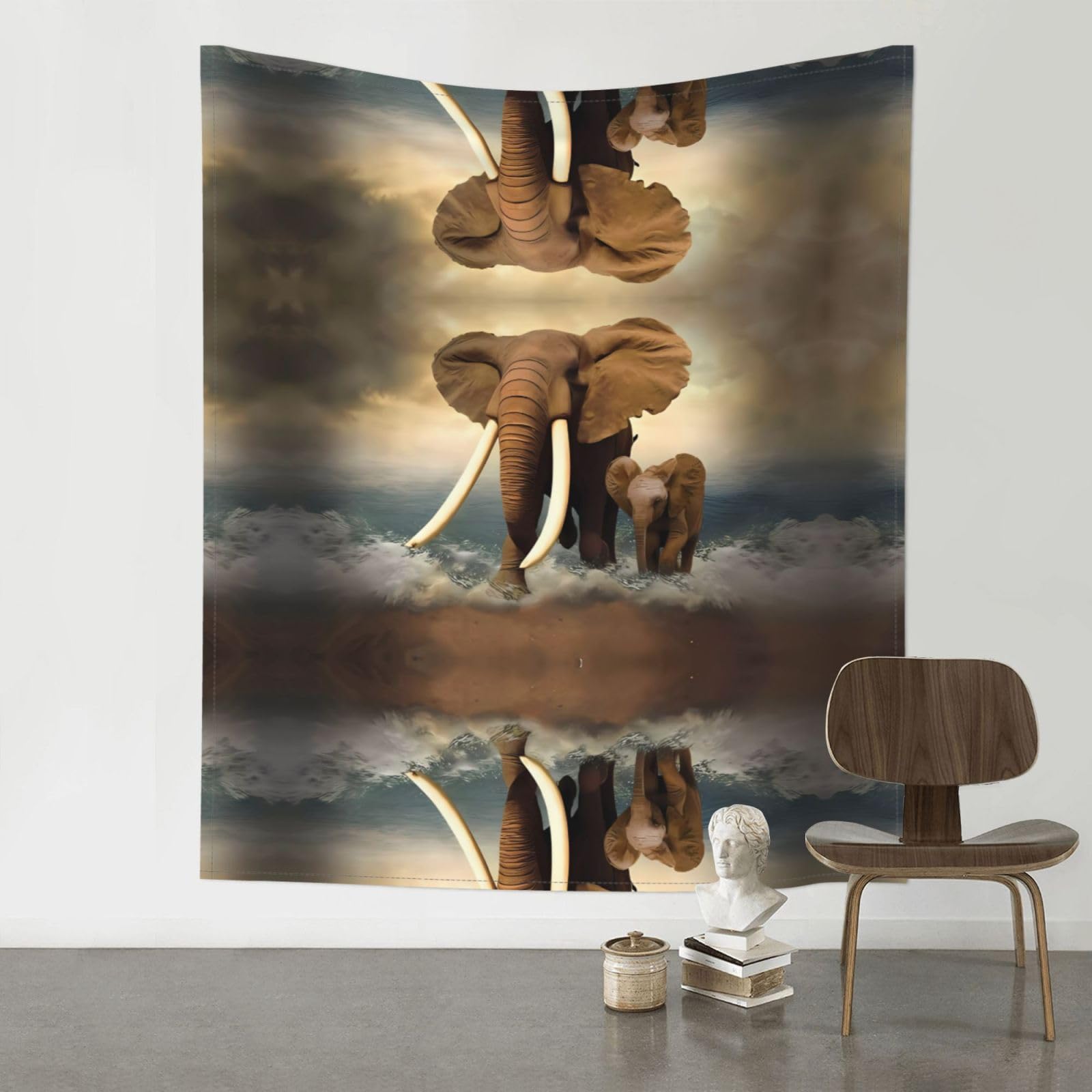 WHJSSF Elephants and Baby Elephants by The Sea Prints Wall Tapestry 60x51in - Boho Decor Throw for Bedroom, Dorm, Picnic & Outdoor Adventures