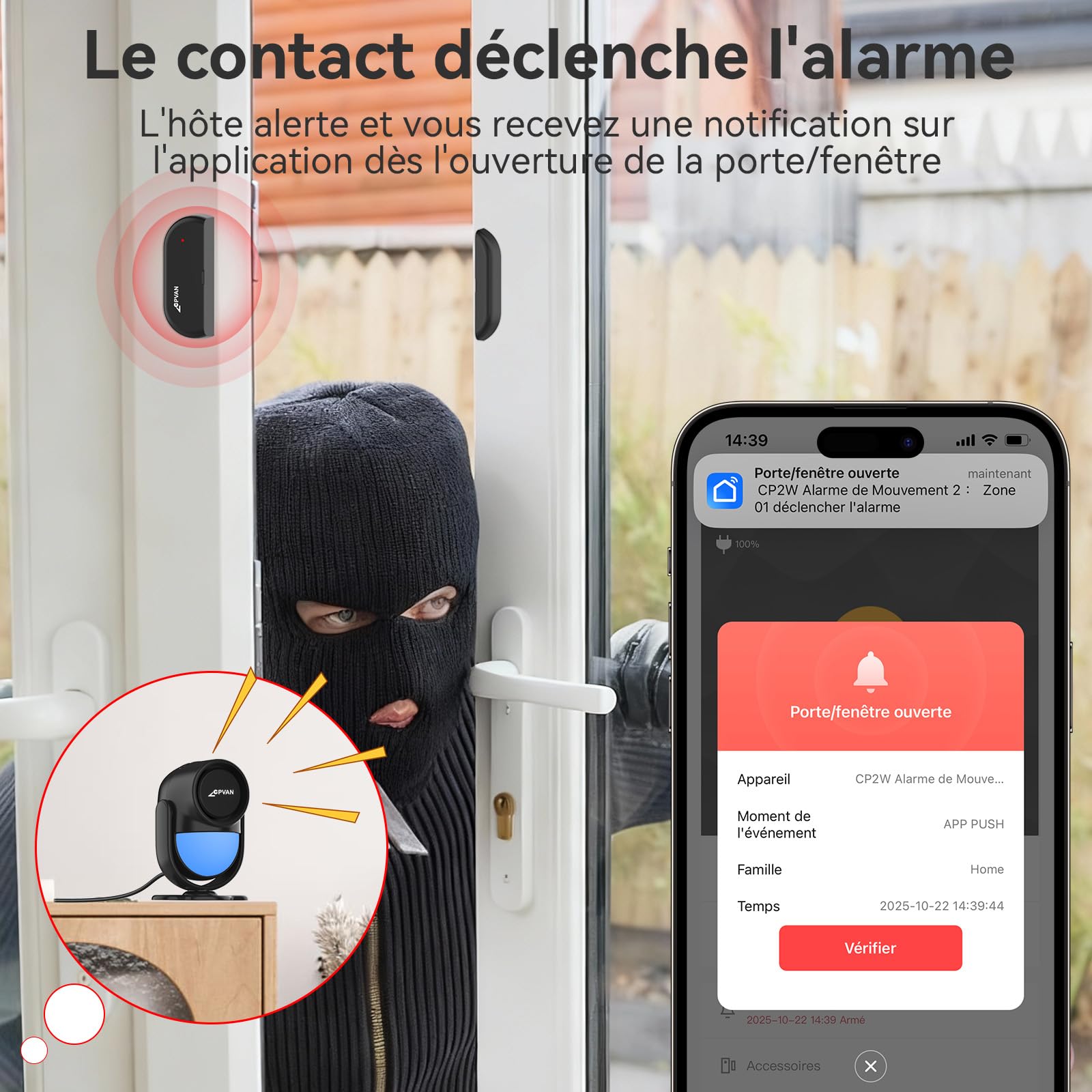 CPVAN Alarme Maison sans Fil, 2.4GHz WiFi PIR Détecteur de Mouvement avec Alertes APP, PIR Alarme Hôte + 2 Télécommandes + 4 Capteurs de Porte/Fenêtre,Noir