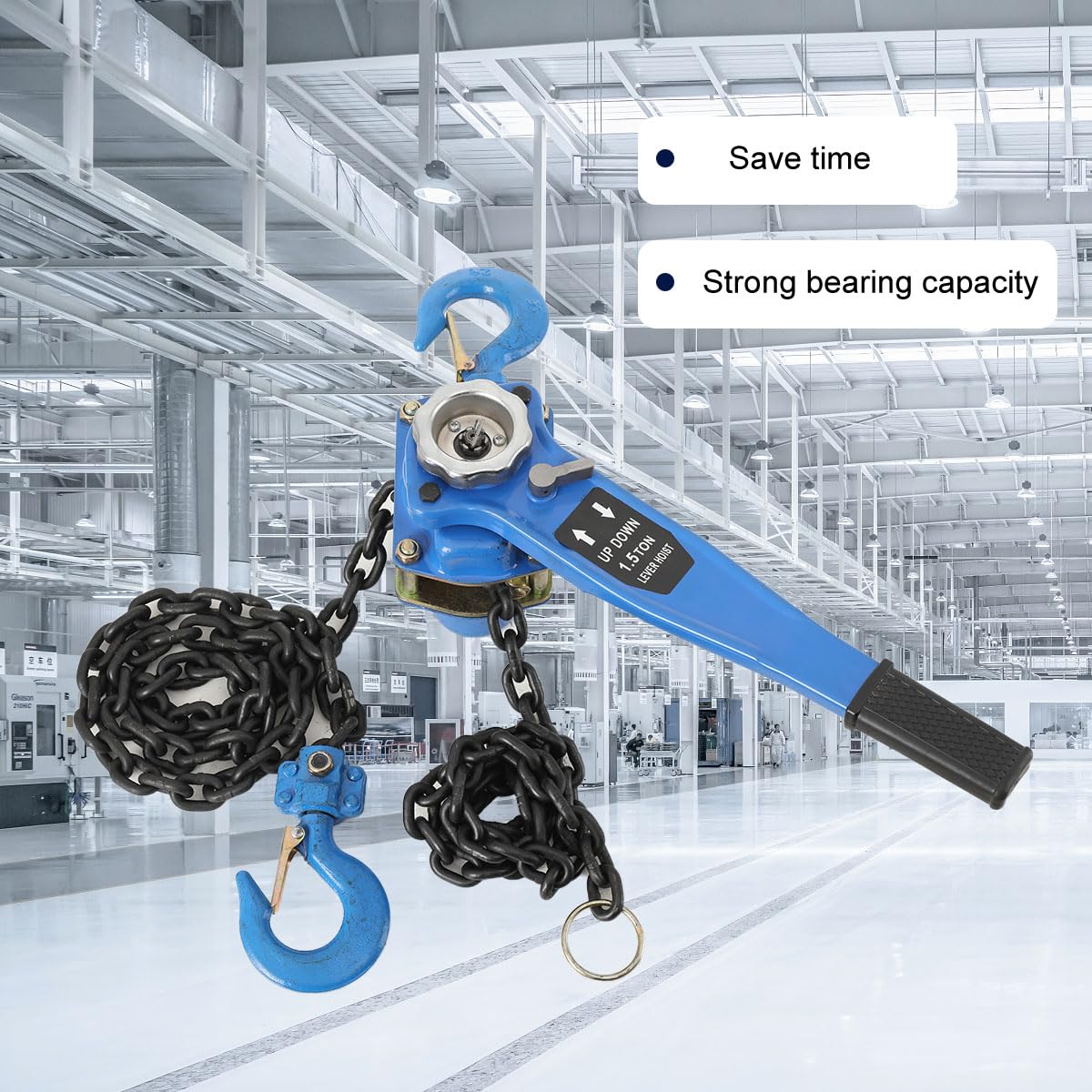 Kettenzug 1,5T Flaschenzug Ratschenzug Stahl, 3m Hubhöhe Hebelzug, 240N Zugkraft, Mini Hebelzug Manueller Robuster Armkettenzug mit verzinkter G80-Kette 360° Drehhaken für Bau Lager