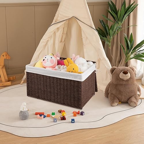 Miniatura 12 de OIAHOMY Cesta de almacenamiento con tapa, cesta de manta de 27.7 galones (105 L) con bolsa separada extraíble, cesta de cuerda de papel con asa