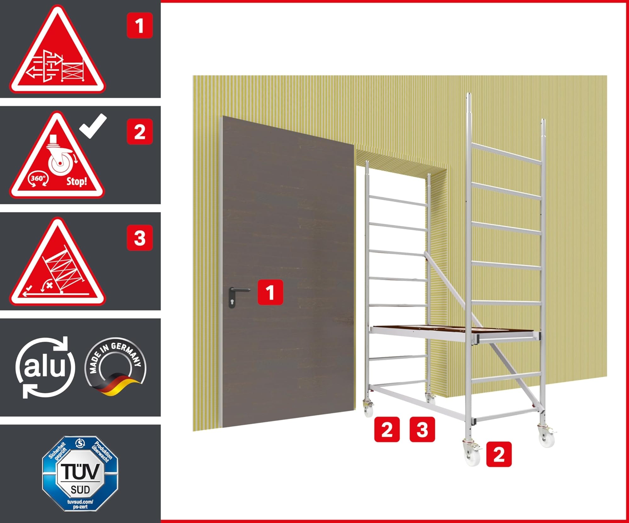 ALTEC Rollfix 2.0 700 | 7m de hauteur de travail | Roues pivotantes avec frein (Ø125mm) | Ancrage mural | Made in Germany | TÜV | Charge admissible 200kg/m² | DIN EN 1004-1 | Echafaudage aluminium
