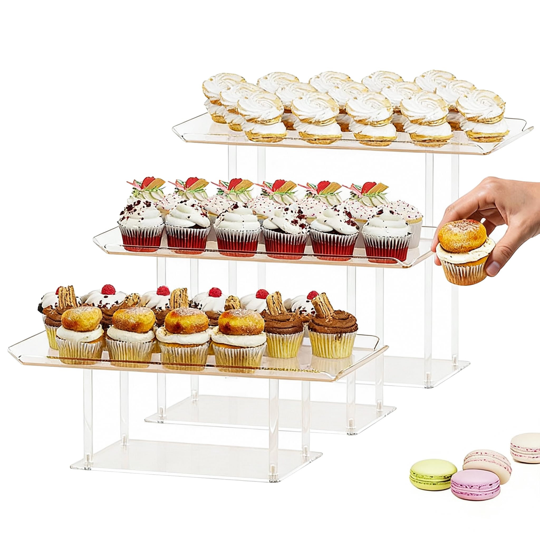 HeiMma 3 Pack Dessert Table Display Set, Clear Acrylic Desert Stands Buffet Risers for Cupcakes Dessert Pastry Food Treat Tier Cookie Dessert Platter Serving Trays Stand for Wedding Birthday Party