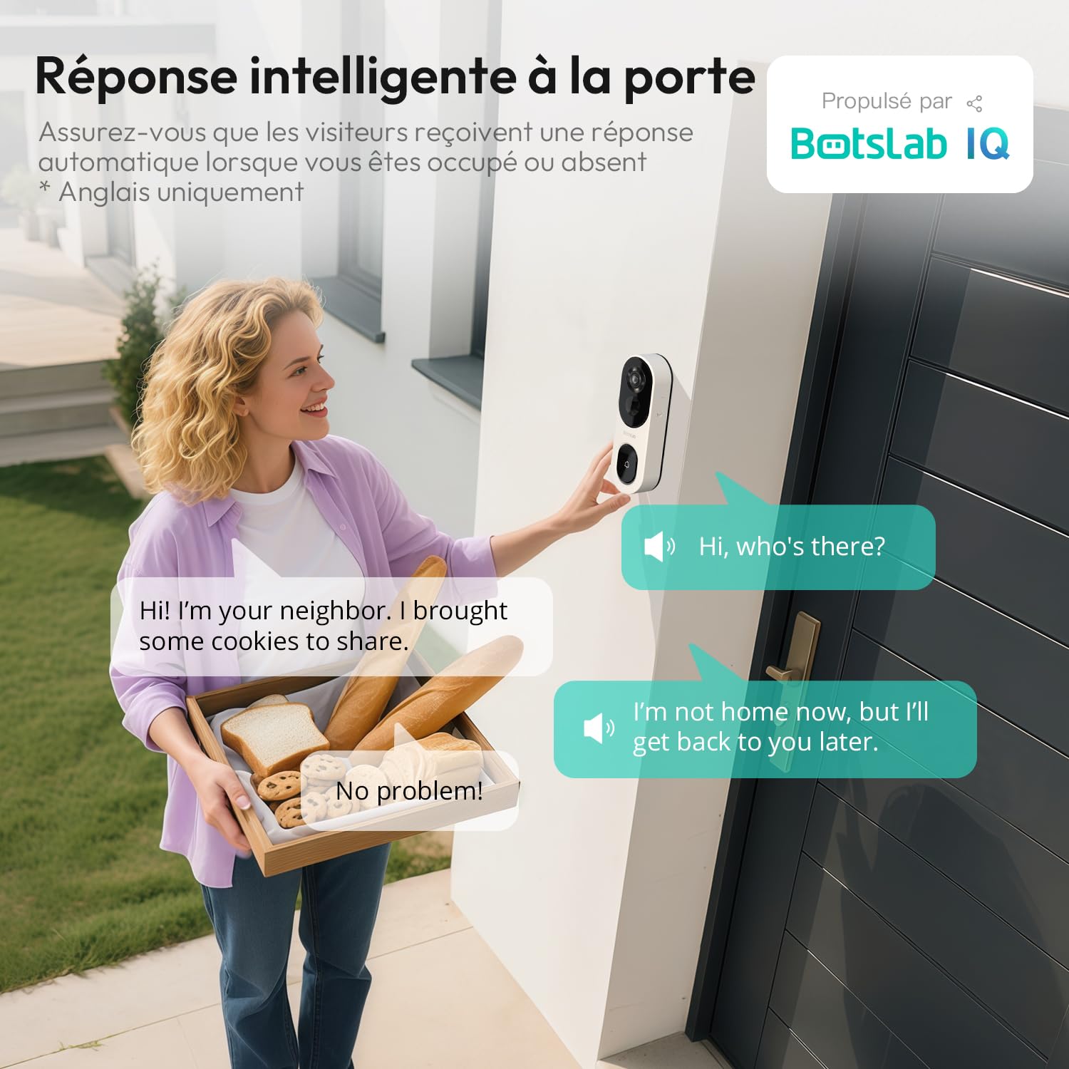 BOTSLAB Sonnette vidéo sans Fil avec caméra Exterieur 2K 3MP, IP66 étanche | Ultra Grand Angle 180°, Nocturne en Couleur, AI Gratuite, Audio Bidirectionnel, Wi-FI 2,4G, Installation Facile