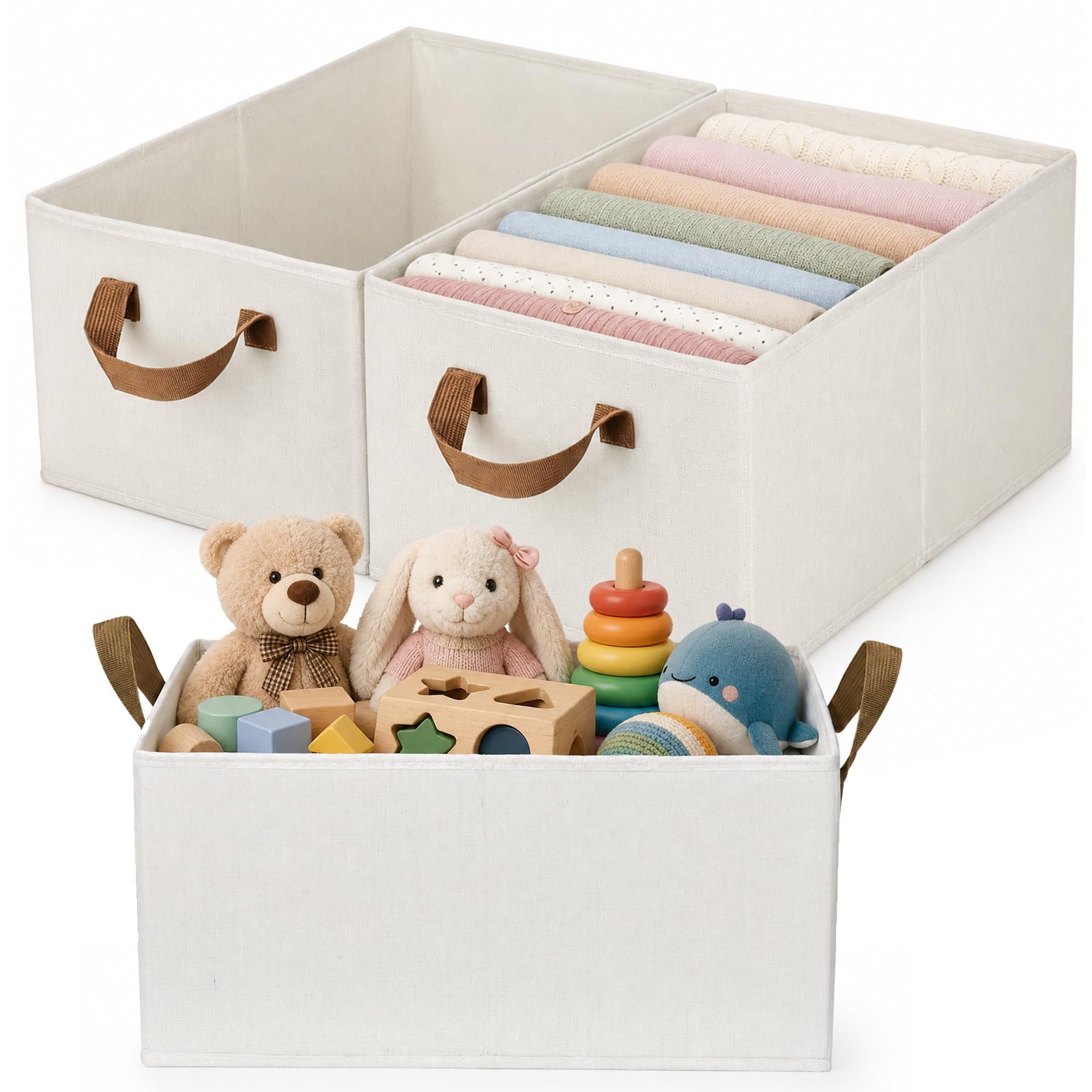 Fabric Closet Storage Shelf Basket 3 Pack Foldable Storage Box with Handle Wardrobe Storage Organiser Square Gift Baskets for Bathroom Office Cupboard Shelves Decor Organizing Toys, Clothes,Towel