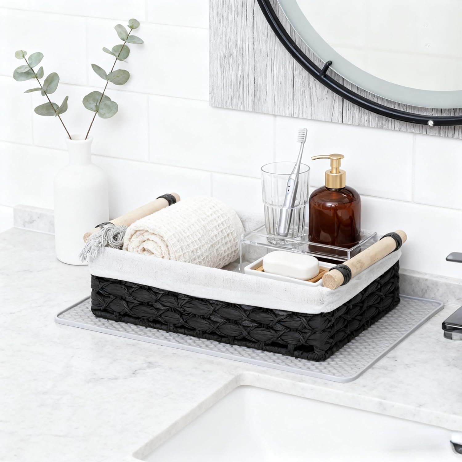 Set of 2 Black Bathroom Basket Organizers with Liner, Paper Rope Wicker Storage Baskets for Shelves, Bathroom Counter & Vanity, Wooden Handles for Towels & Toiletries