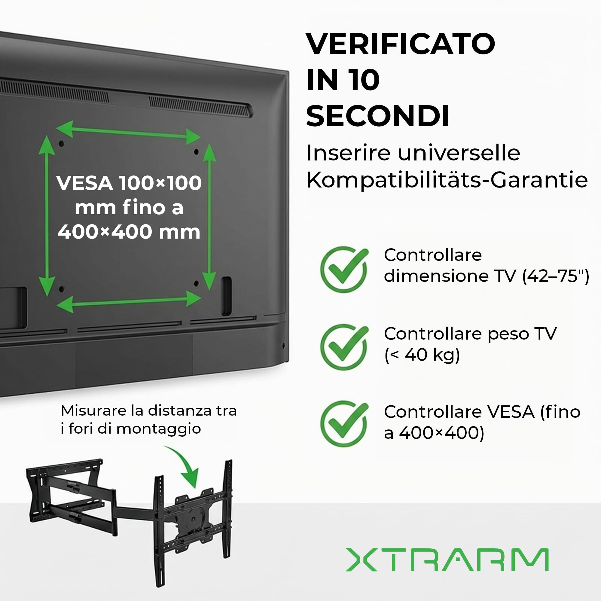 TiTon Flex 80 cm Supporto TV Parete per 27–85 Pollici – Braccio TV Estensibile fino a 80 cm, Girevole, Inclinabile e Rotazione, Portata 60 kg, VESA fino a 400x400 mm, Gestione Cavi Integrata