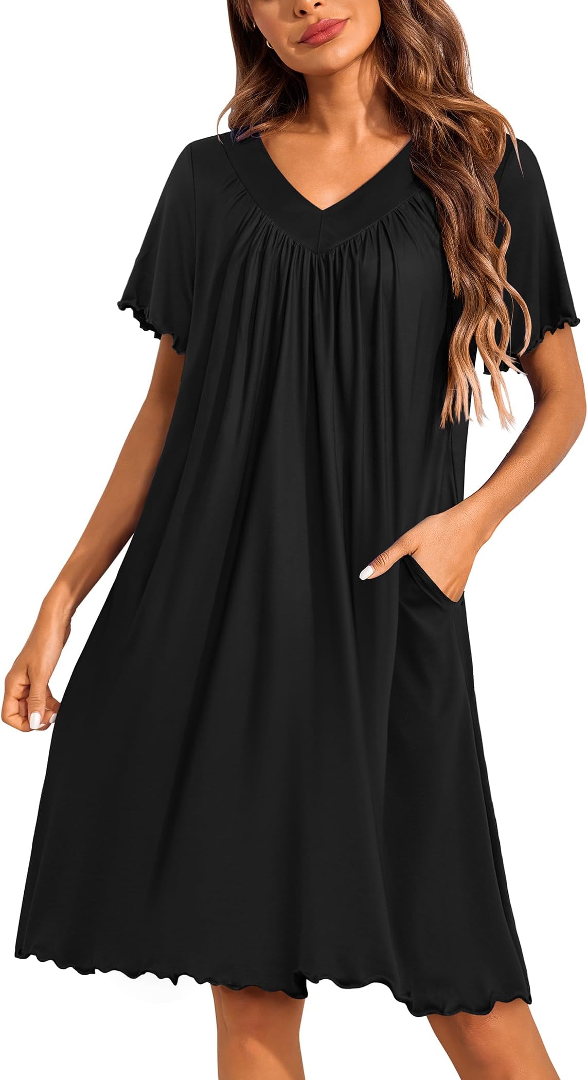 Ekouaer Women's House Dress with Pockets Moo Moo Nightgown V Neck Sleepwear Pleated Floral Print Mumu Dress
