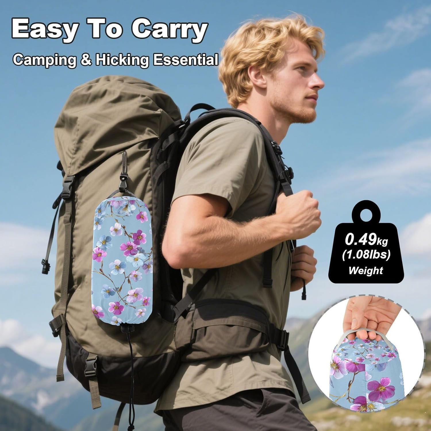 Blue Background Pink Flowers Camping Hammock Single Portable Hammocks 330 lbs Capacity with 2 Tree Straps and Attached Carry Bag,Perfect for Outdoor,Indoor,Beach,Camping,Travel