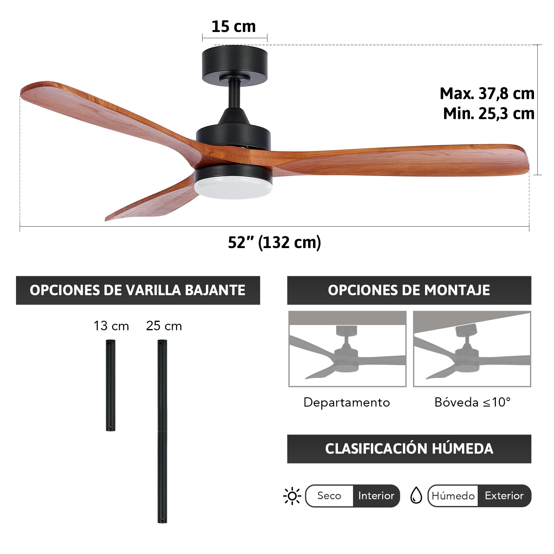 VONLUCE Ventilador de Techo con Luz y Mando a Distancia, Motor DC Silencioso Reversible 6 Velocidades, Función Verano/Invierno para Patio, Salón, 132cm de Diámetro, 3Aspas, Cerezo