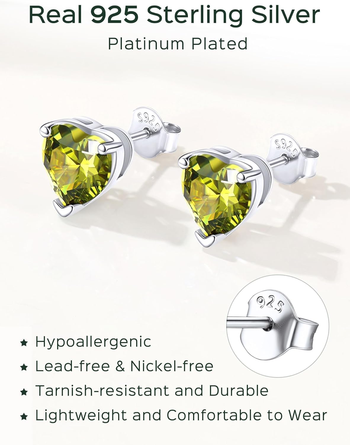 ChicSilver 925 Sterling Silver Birthstone Earrings for Women, 8MM/2 Carat Heart, Round & Princess Cut CZ Stud Earrings, Hypoallergenic Jewelry, Ideal Birthday or Christmas Gifts - Image 4