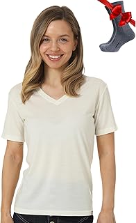 Merino.tech Lightweight Merino Wool Women’s Sport T-Shirt and Socks (Medium, Creamy White V-Neck) OEKO-TEX STANDARD 100