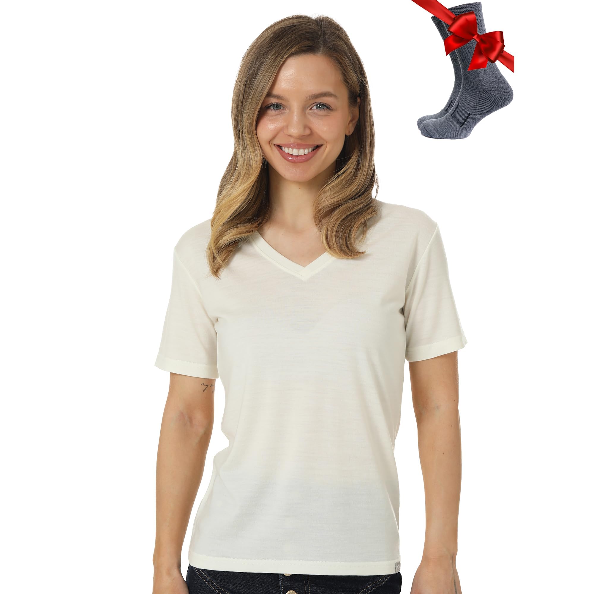 Merino.tech T Shirt Merinos Femme - Laine Merinos Chemise Femme + Chaussettes de randonnée en Laine Mérinos (Large, Creamy White V-Neck)
