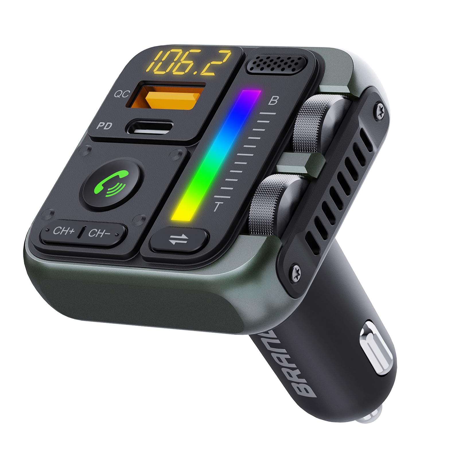 Bluetooth 5.0 Car FM Transmitter, QC3.0 Wireless Car Adapter Mp3 Music Player Car Kit with Hands-Free Calling, 7 Color LED Backlit Car Adapter