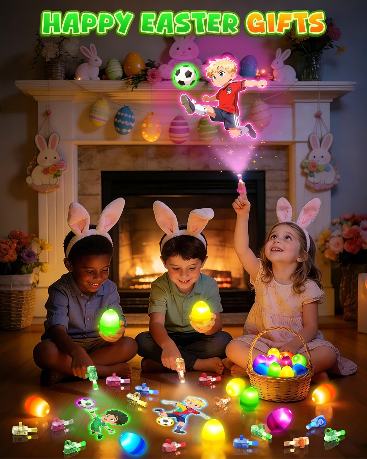 CPSYUB 24 Pack Easter Egg Fillers for Kids, Glow in the Dark LED Finger Lights Easter Toys with Football Pattern, Bright Colorful Basket StuffersGift for Classroom Prizes Party Favors for Boys Girls