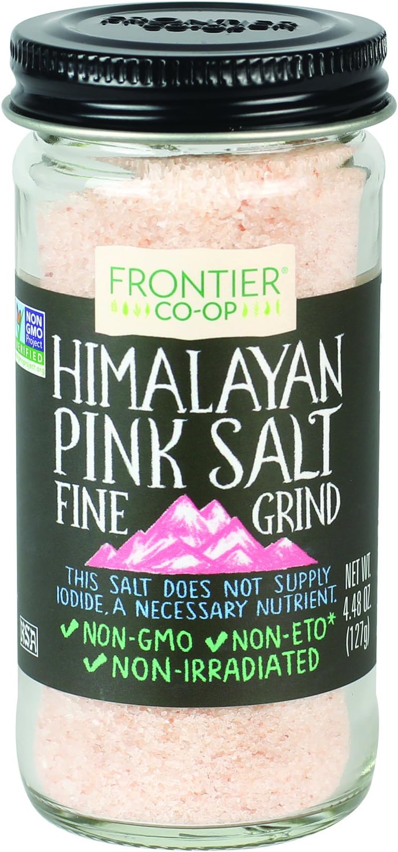 Frontier Co-op Fine Ground Himalayan Pink Salt, 4.48 Ounce Bottle, Hand-Mined, Kosher, Non Irradiated, Non ETO