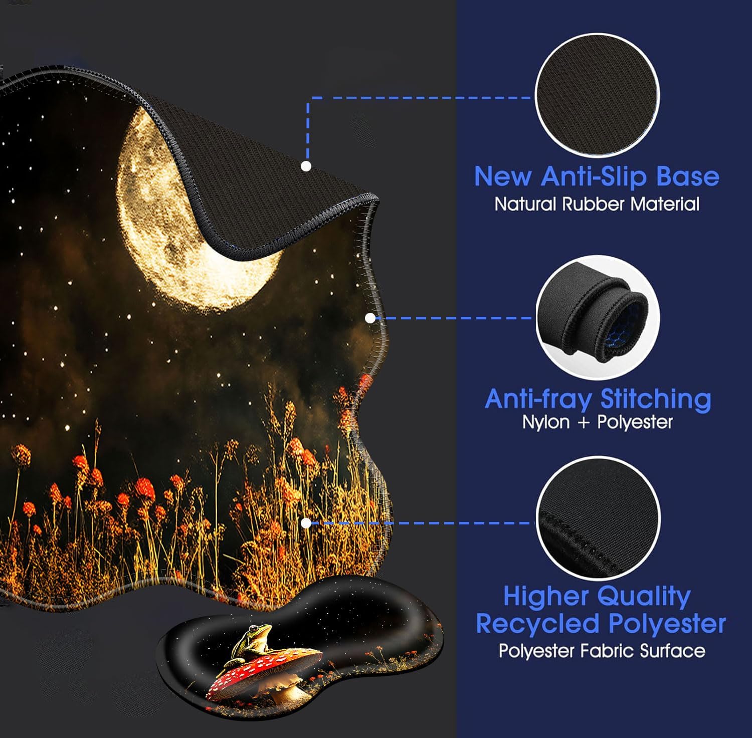 Large Mouse Pad and Keyboard Wrist Rest, Desk Pad for Keyboard and Mouse, 4-in-1 Large Gaming Mouse Pad with Wrist Support, Desk Mat for Home Office Study Game-Cute Frog on Mushroom Moon