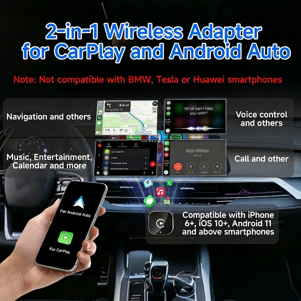 Adaptateur pour CarPlay et Android Auto sans Fil 2 en 1, Plug & Play, Reconnexion Automatique, WiFi 2,4+5,0 GHz Bluetooth 5.0, Dongle USB C/A Compatible avec Voitures (2016+) et iOS 10+/Android 11+